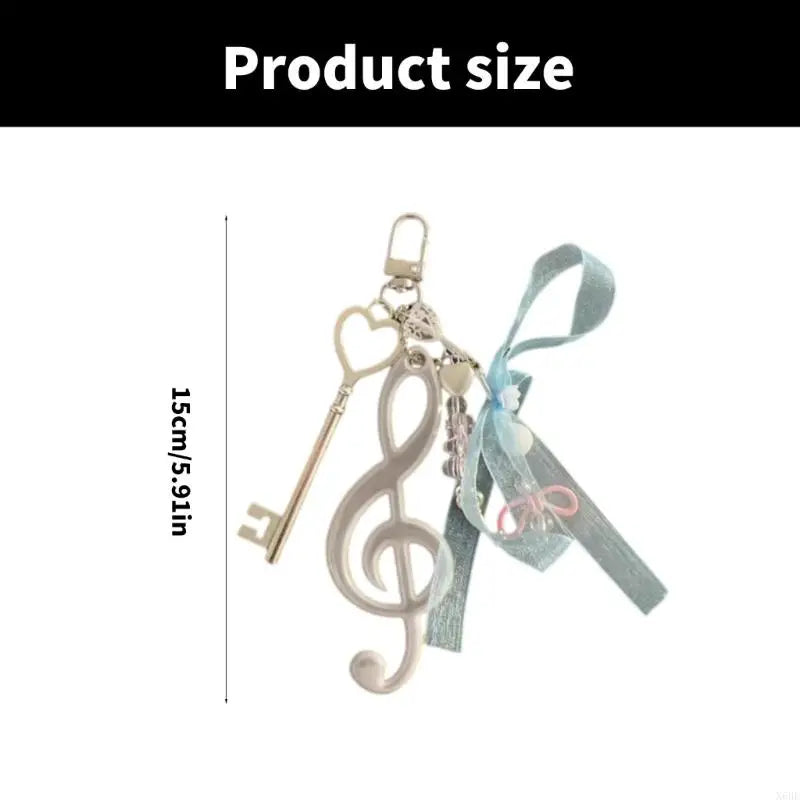 Delicate silver-toned note keychain bowknot with heart cutout and light blue ribbon as music symbol keyring for backpack pendant theater gift