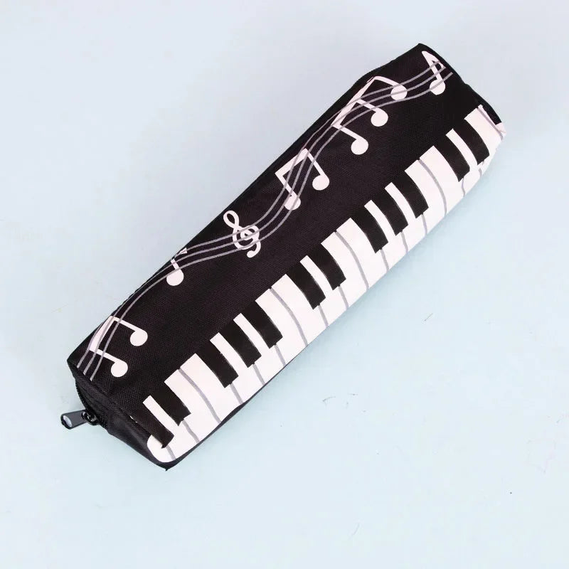 Black fabric creative musical note piano stationery pouch with white piano key pattern square single layer oxford cloth pencil case