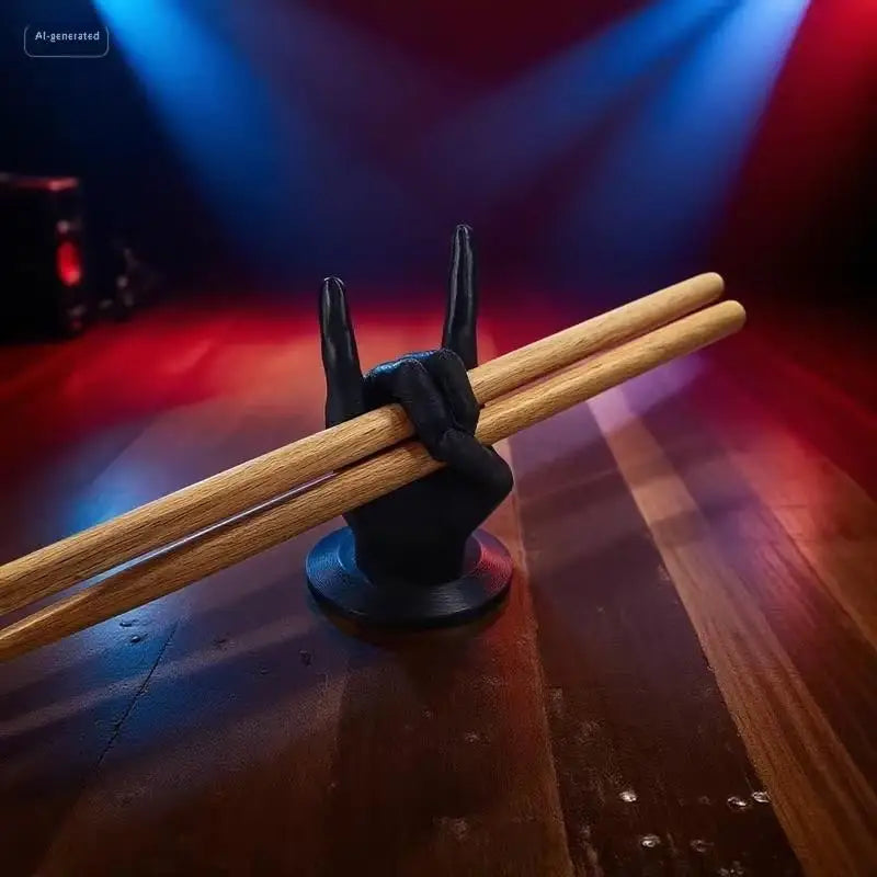 Black plastic hand drum stick holder with two light brown wooden drumsticks for creative rock hand drumstick display stand