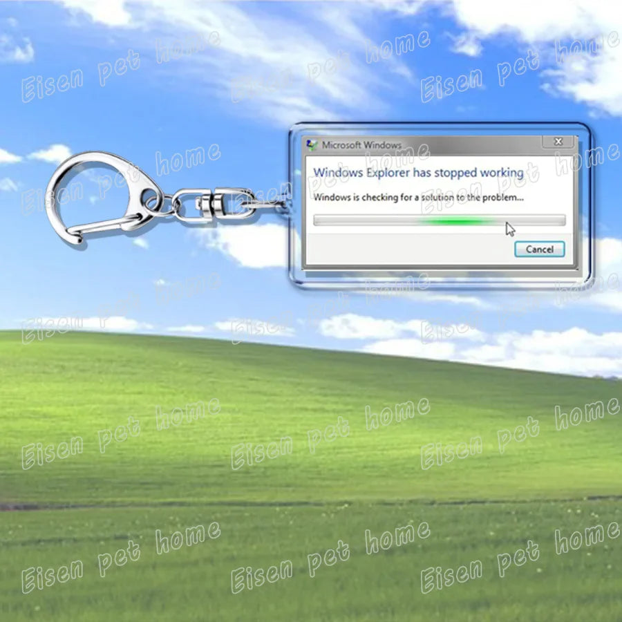 Silver metal keychain with transparent charm displaying classic windows xp error dialog box for ring jewelry fans