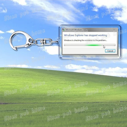 Silver metal keychain with transparent charm displaying classic windows xp error dialog box for ring jewelry fans