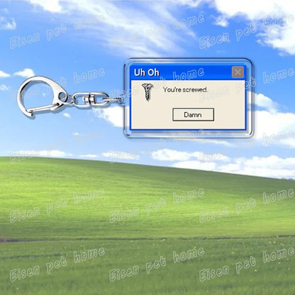 Silver metal keychain with clear acrylic charm shaped like a creative xp window failed successfully keychain accessory