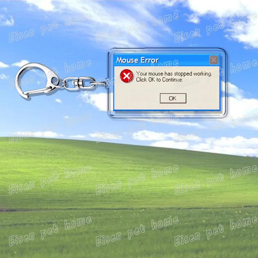 Silver metal keychain with transparent charm showing classic windows mouse error for creative xp window fans