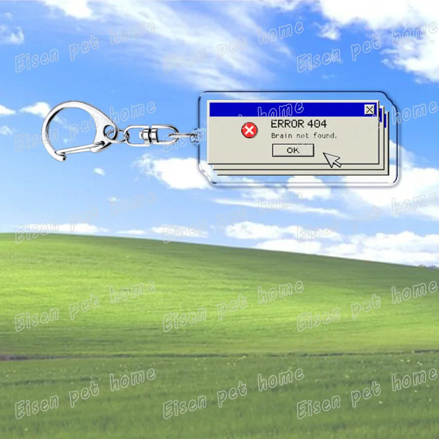 Clear acrylic creative xp window keychain featuring retro error 404 brain not found design for ring jewelry fans