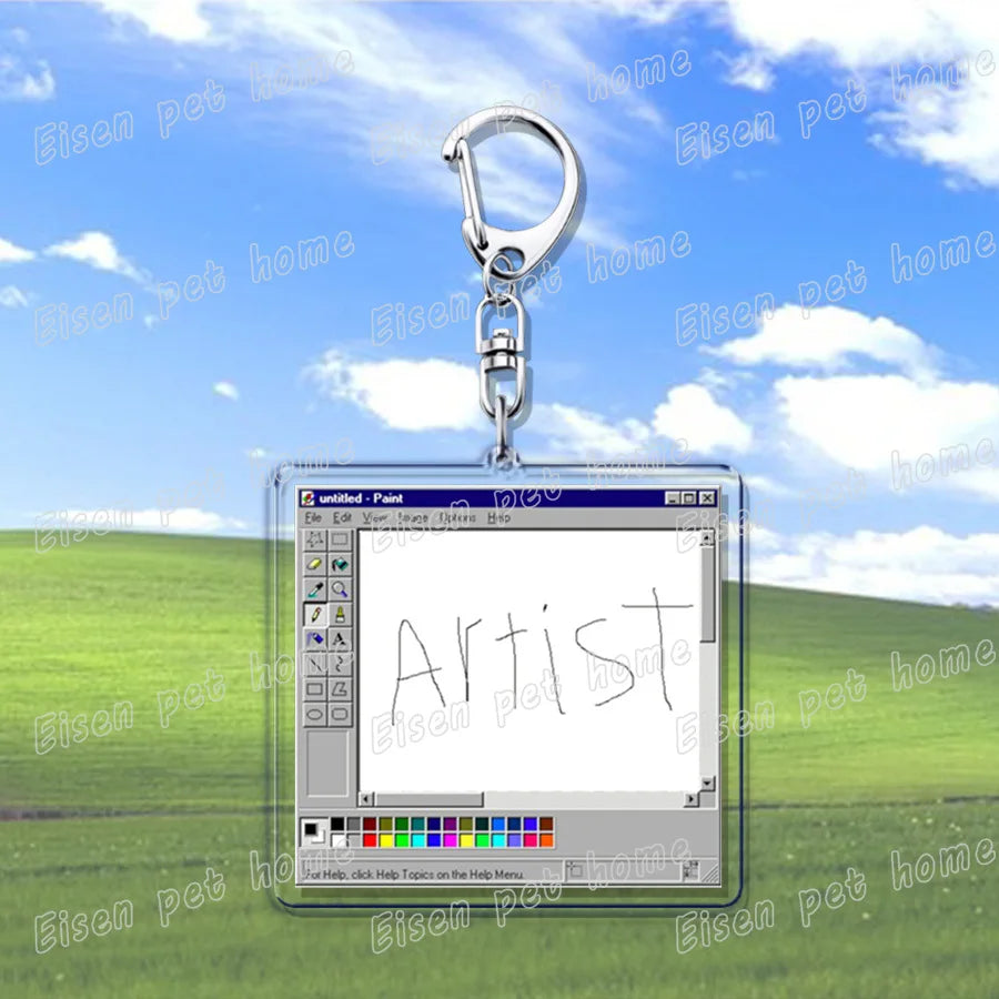 Clear acrylic creative xp window keychain shaped like paint window with artist text for failed successfully keychain fans