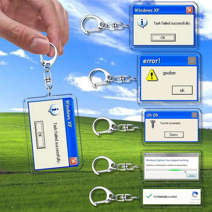 Clear acrylic creative xp window keychain with blue white error dialog design and failed successfully text for ring jewelry fans
