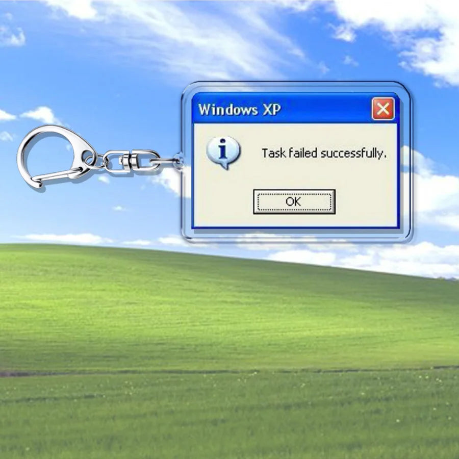 Silver metallic creative xp window keychain with transparent acrylic displaying failed successfully keychain message for ring jewelry fans