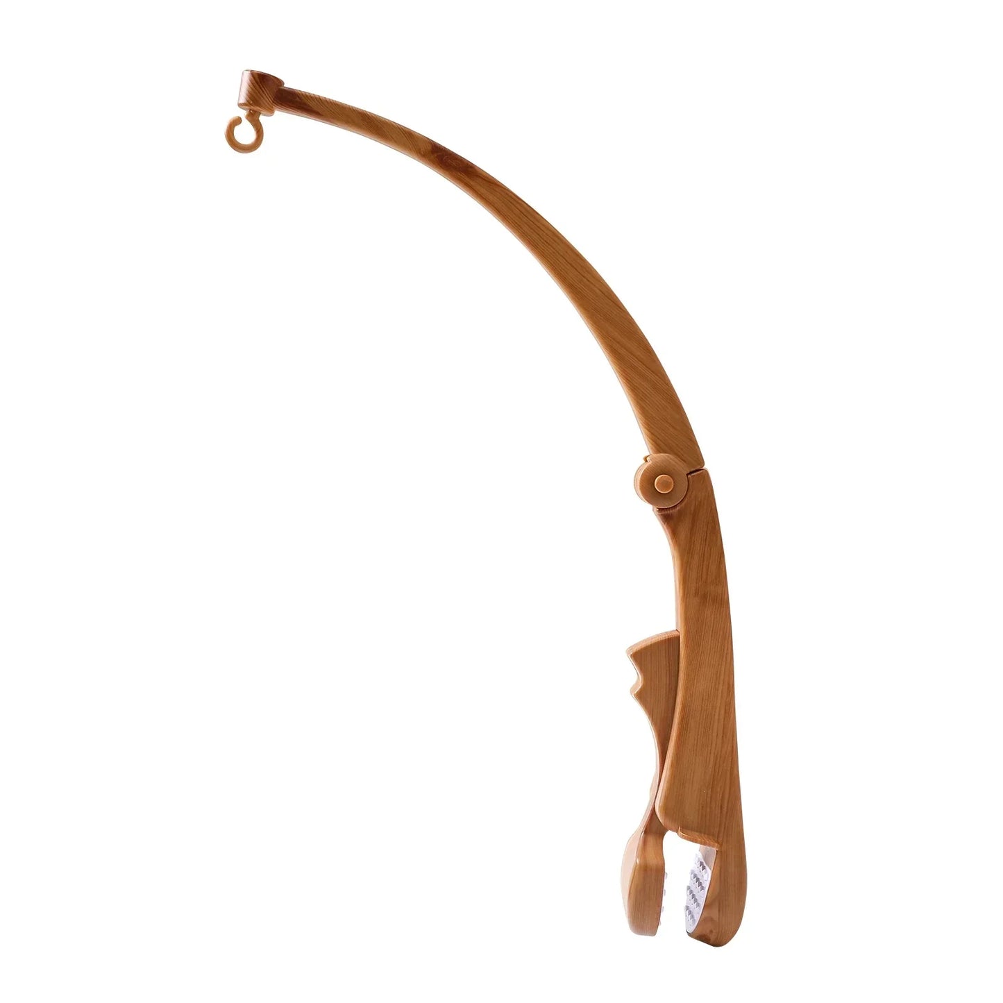 A curved light brown wooden crib bell rotary bracket with hook and clip for baby bed hanging toy to enhance hand-eye coordination
