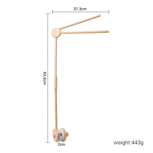 Minimalist wooden crib bell rotary music box with natural finish, extendable arms, wheels, and wooden stacked building design for hand-eye coordination