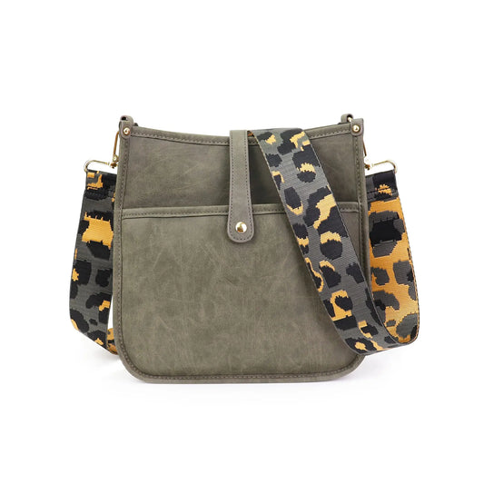 Olive green vegan leather crossbody bag with bold leopard-print adjustable guitar strap purse for women hobo handbags