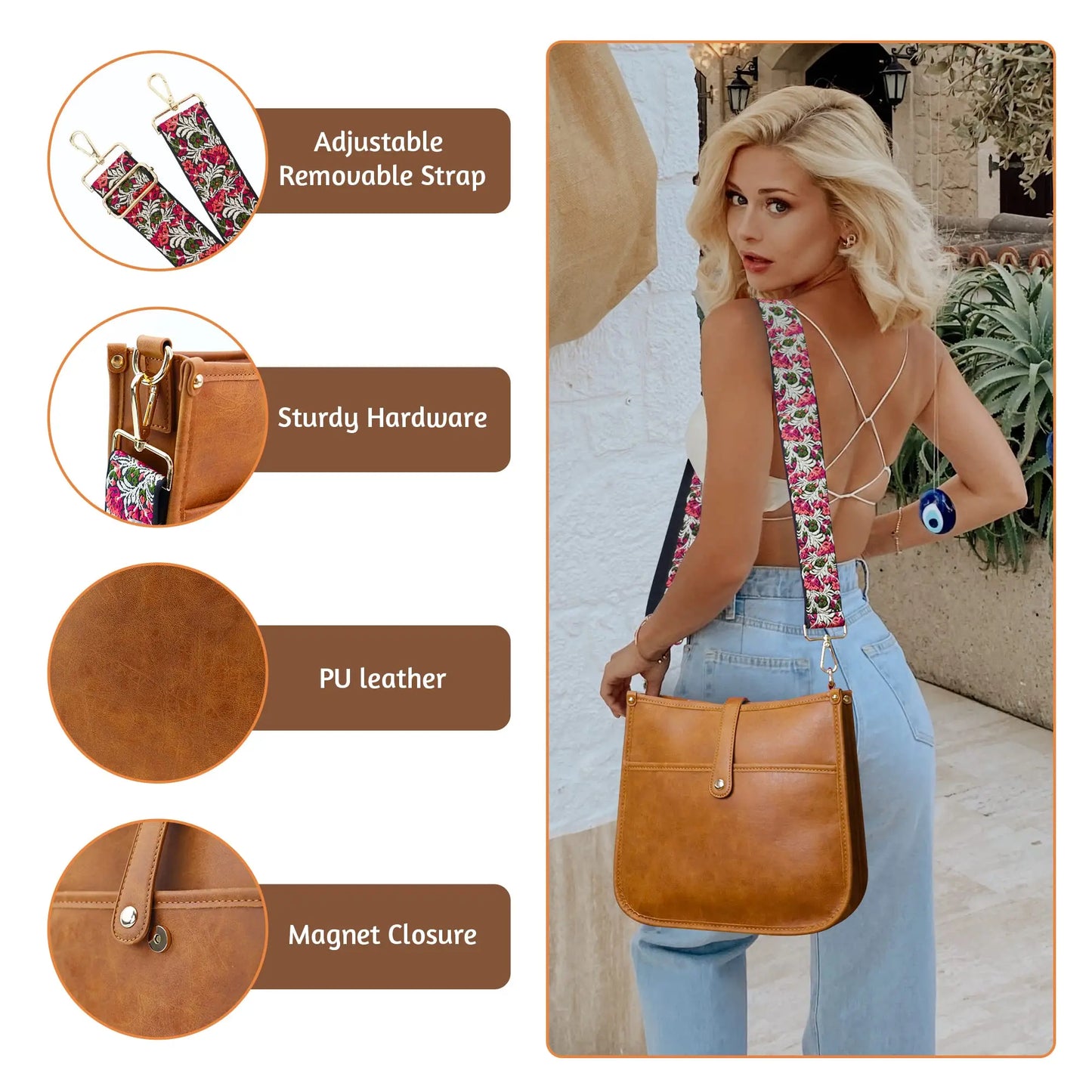 Tan vegan leather crossbody bag with magnetic closure and floral-patterned adjustable removable guitar strap purse