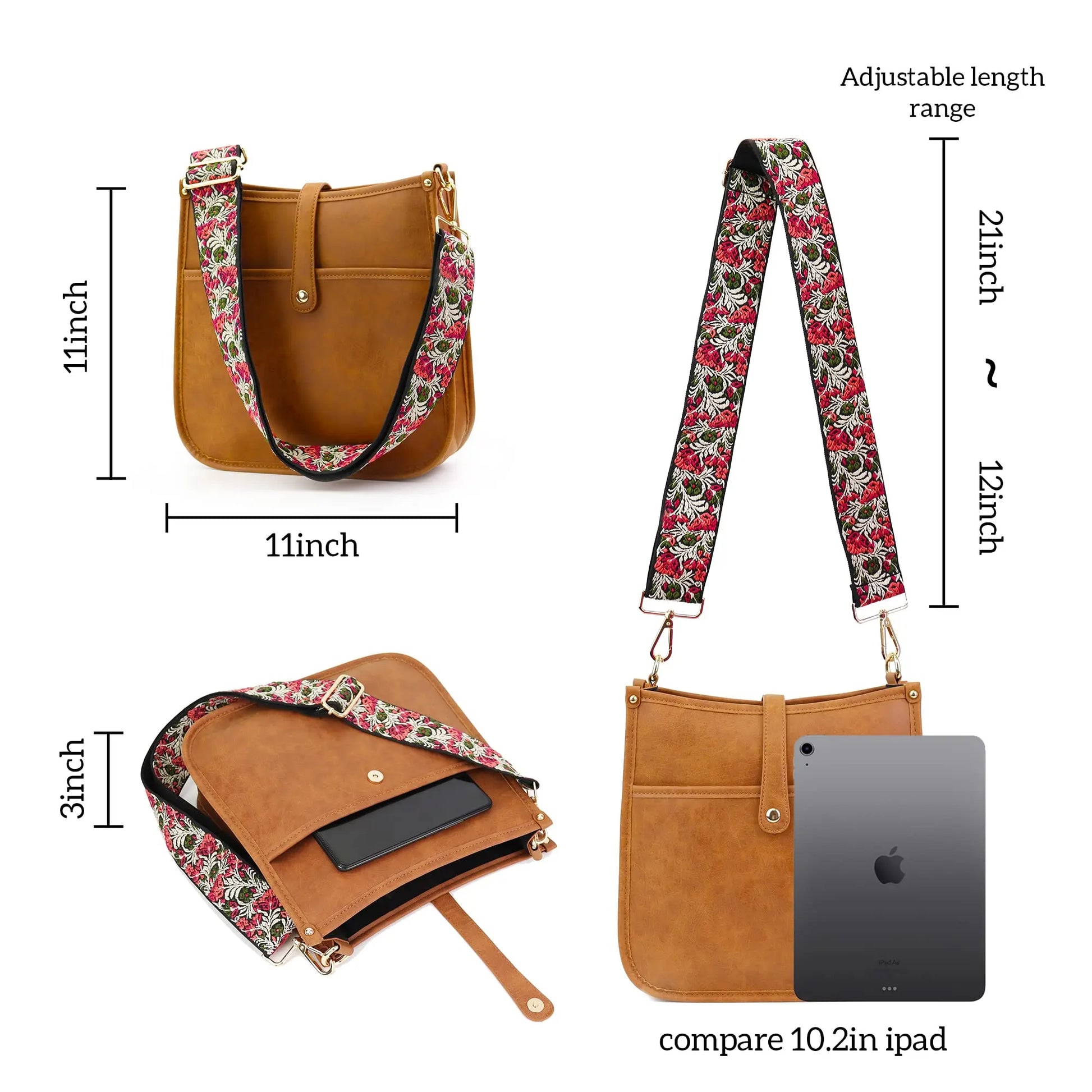 Tan suede vegan leather crossbody bag with floral adjustable guitar strap purse in stylish hobo handbags design