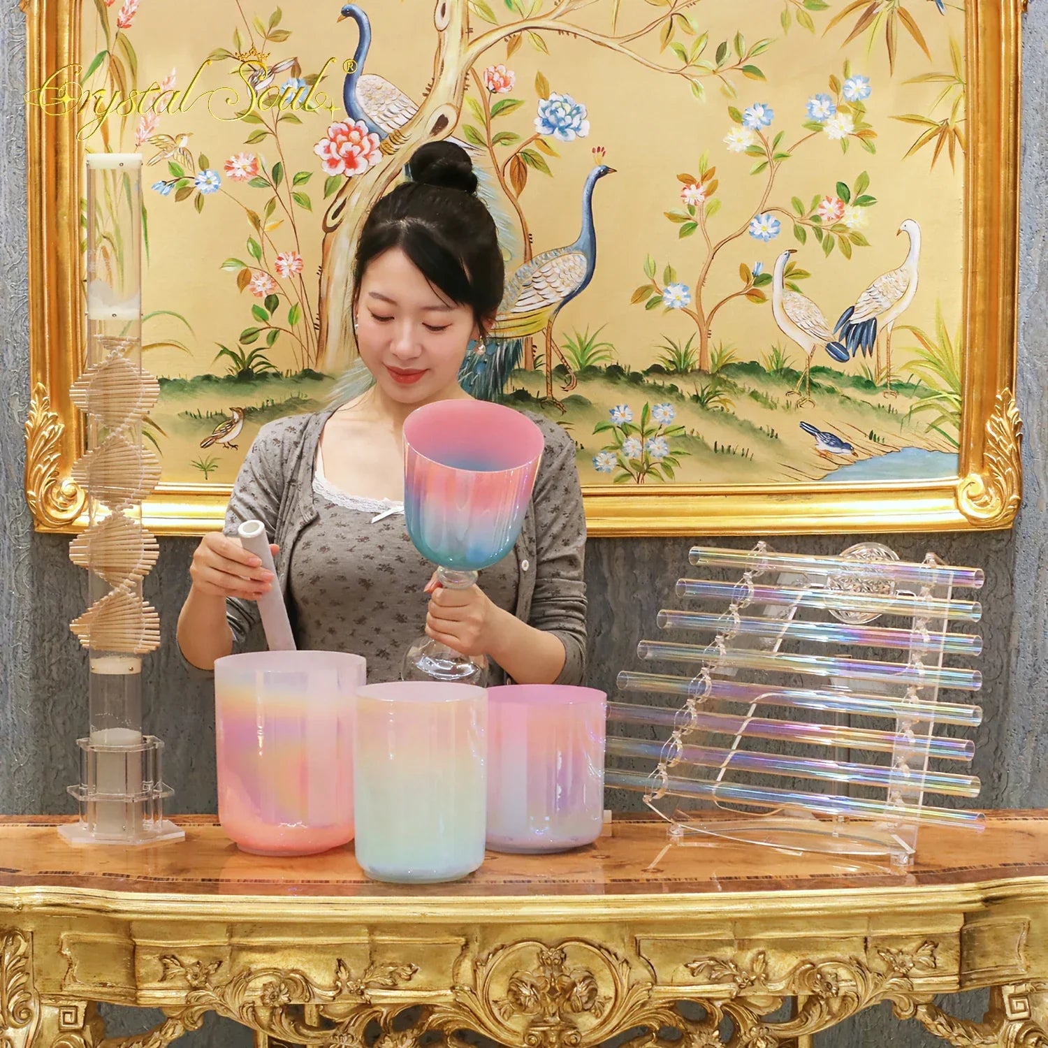 Pastel gradient glass singing bowl with flared rim and stem handle for crystal soul essential sound therapists instrument