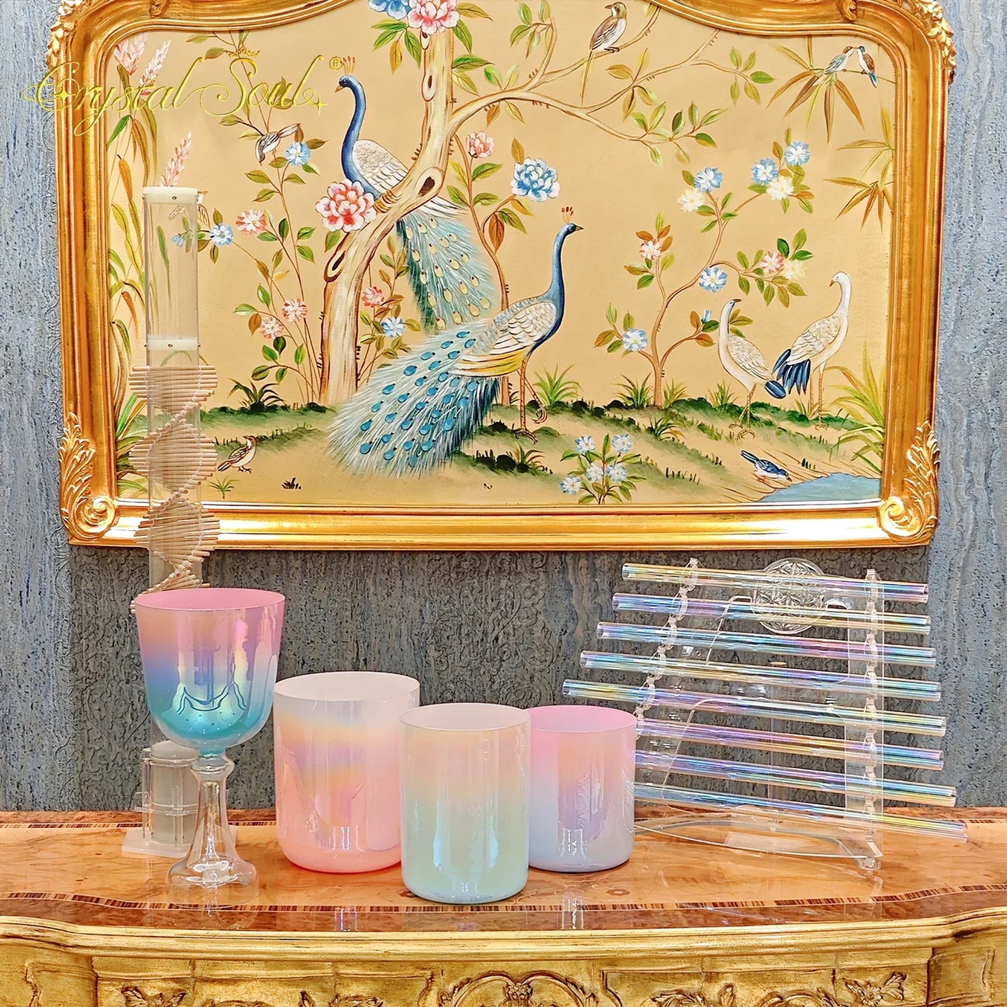 Pastel gradient glass candle holders with iridescent surfaces for crystal soul essential sound therapists instrument