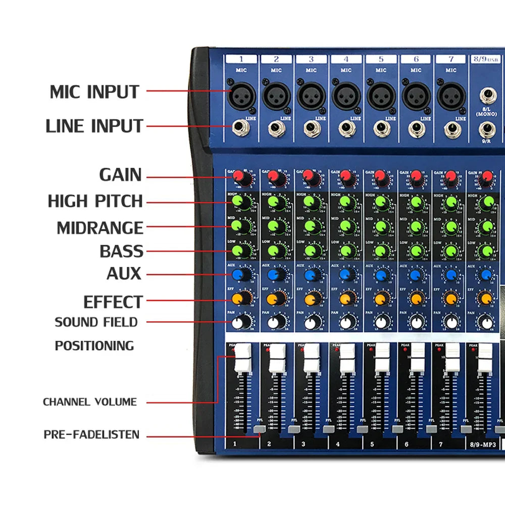 Blue ct60s 8-channel audio mixer with black knobs colorful dials 48v phantom power usb dj sound mixing console