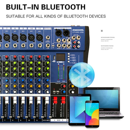 Blue riworal ct1203-usb audio mixer with multiple input jacks colorful knobs and sliders for ct60s professional studio use