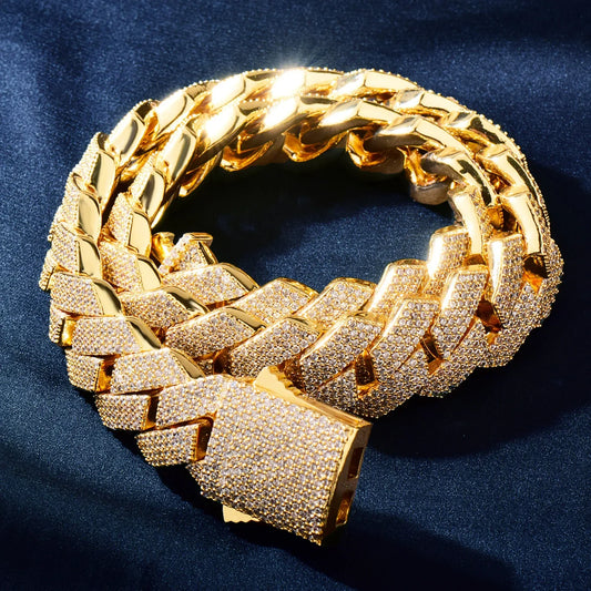 Gold-colored heavily diamond-encrusted miami cuban chain bracelet with zirconia link fashion and matching clasp