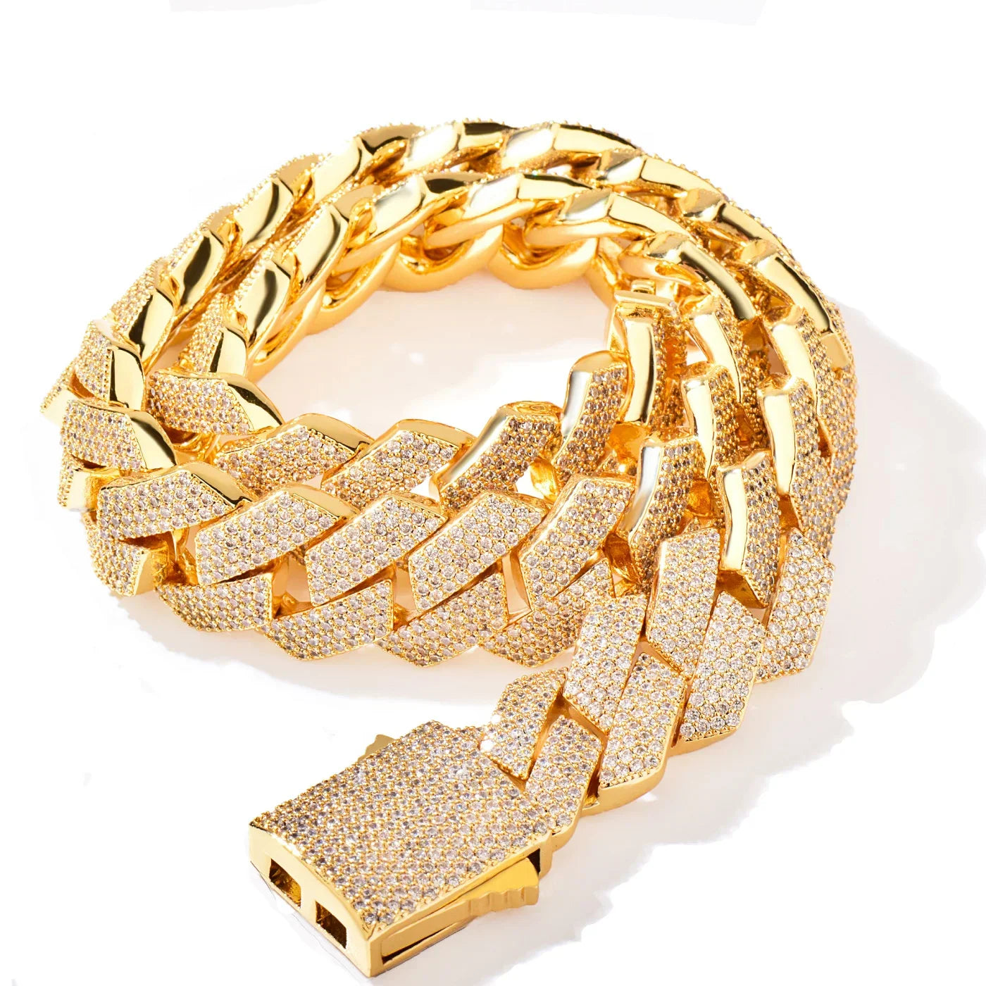 Gold-colored miami cuban chain necklace with pave diamond-encrusted clasp zirconia link fashion jewelry