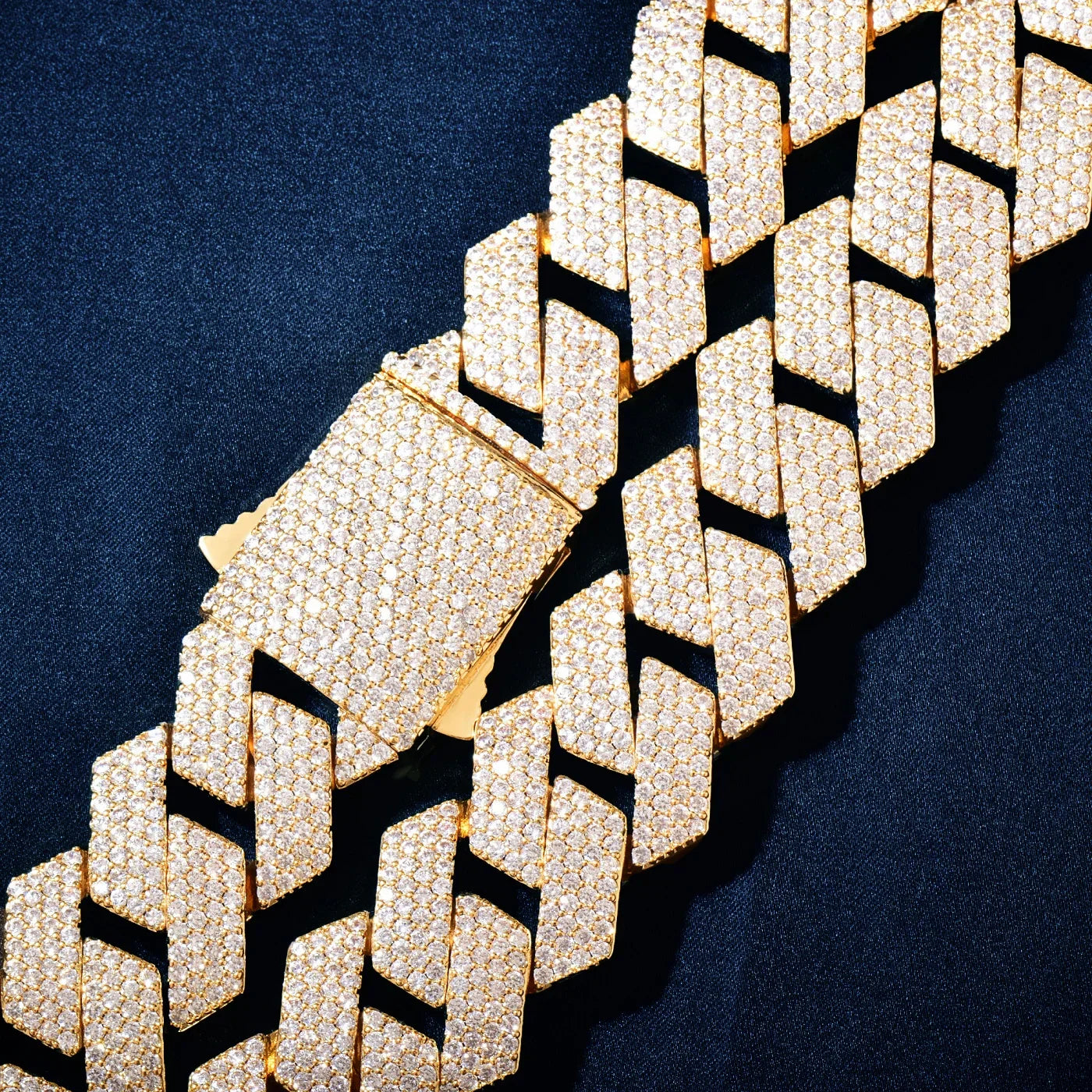 Gold-toned miami cuban chain necklace with thick braided design and densely set clear zirconia link fashion stones