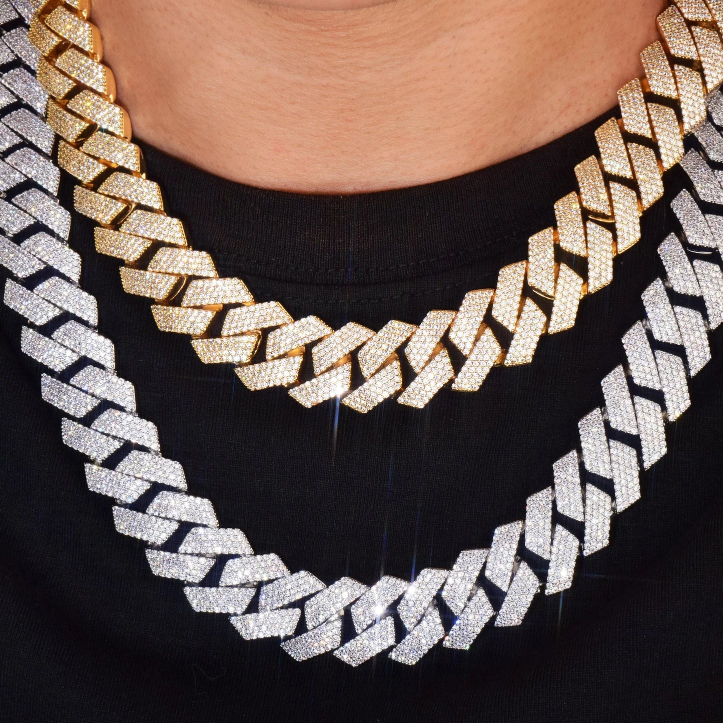 Two layered miami cuban chain necklaces in gold and silver tone with sparkling zirconia link fashion stones