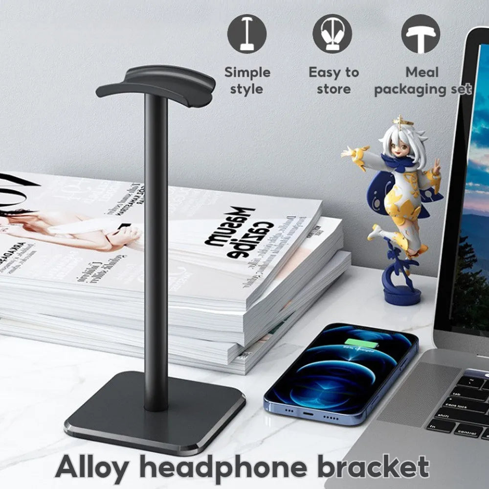 Black alloy curved earphone stand with sleek minimalist design and flat base for heavy duty gaming wireless earphones