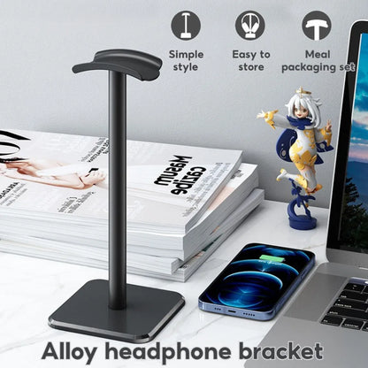 Black alloy curved earphone stand with sleek minimalist design and flat base for heavy duty gaming wireless earphones