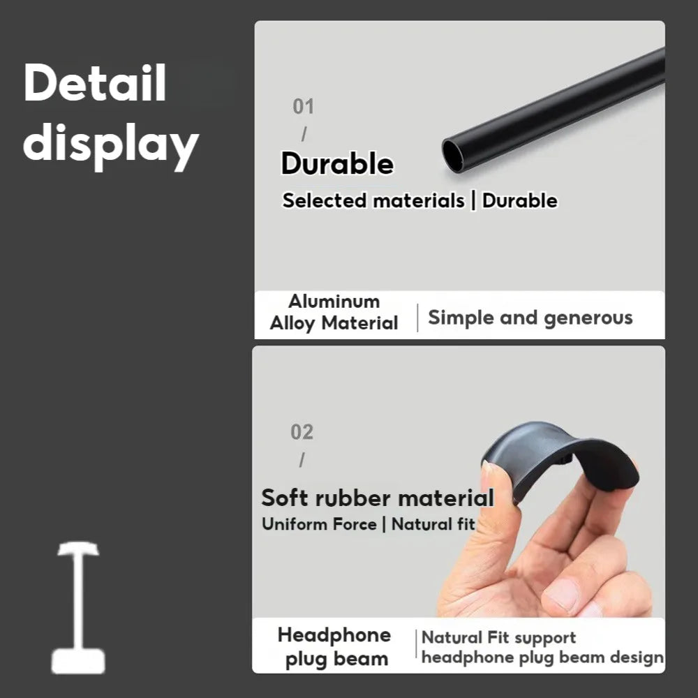 Black aluminum alloy headphone plug beam with soft rubber support for natural fit on curved earphone stand for heavy duty gaming wireless gaming earphones