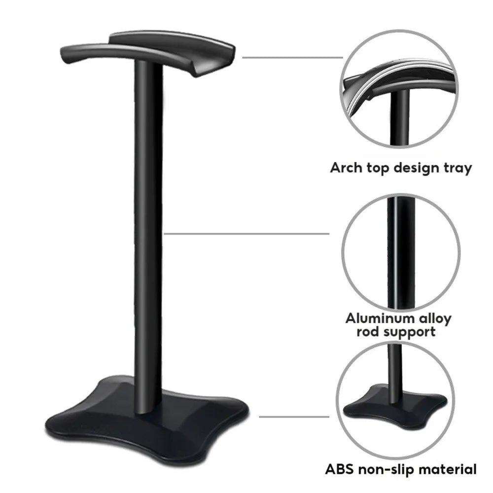 Black curved earphone stand with arch top design aluminum alloy rod support and abs non-slip base for heavy duty gaming wireless gaming earphones