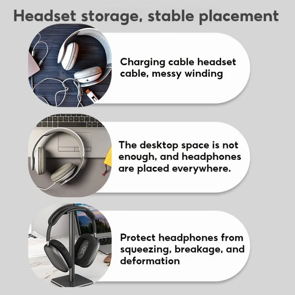 Black over-ear wireless gaming earphones resting on a sleek curved earphone stand for heavy duty gaming use