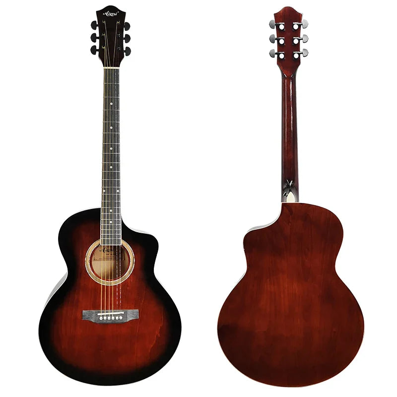 A custom brand Aiersi handmade cutaway acoustic guitar with sunburst finish and glossy lindenwood body