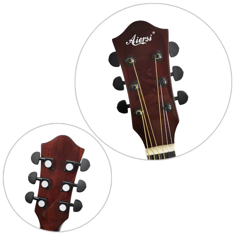 Custom brand aiersi acoustic guitar headstock with glossy dark brown finish and black tuning pegs handmade cutaway acoustic