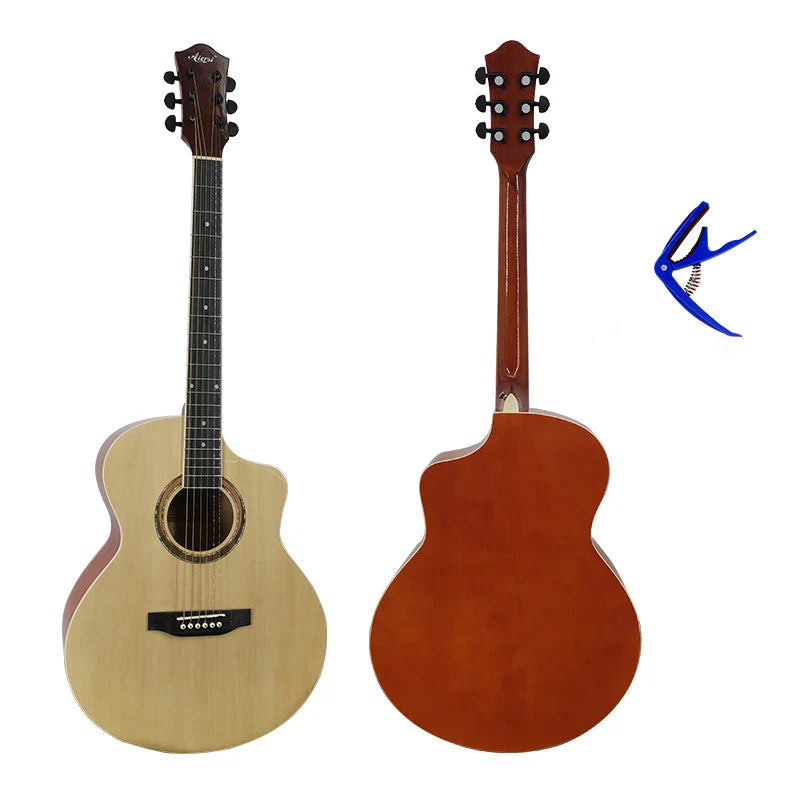 A custom brand aiersi handmade cutaway acoustic guitar in sunburst colour lindenwood shown from front and back views