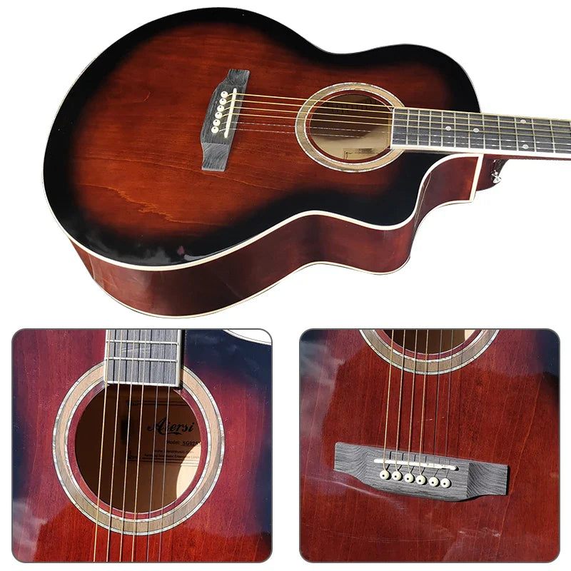 Custom brand aiersi factory handmade cutaway acoustic guitar sunburst color with lindenwood body and fretboard inlays