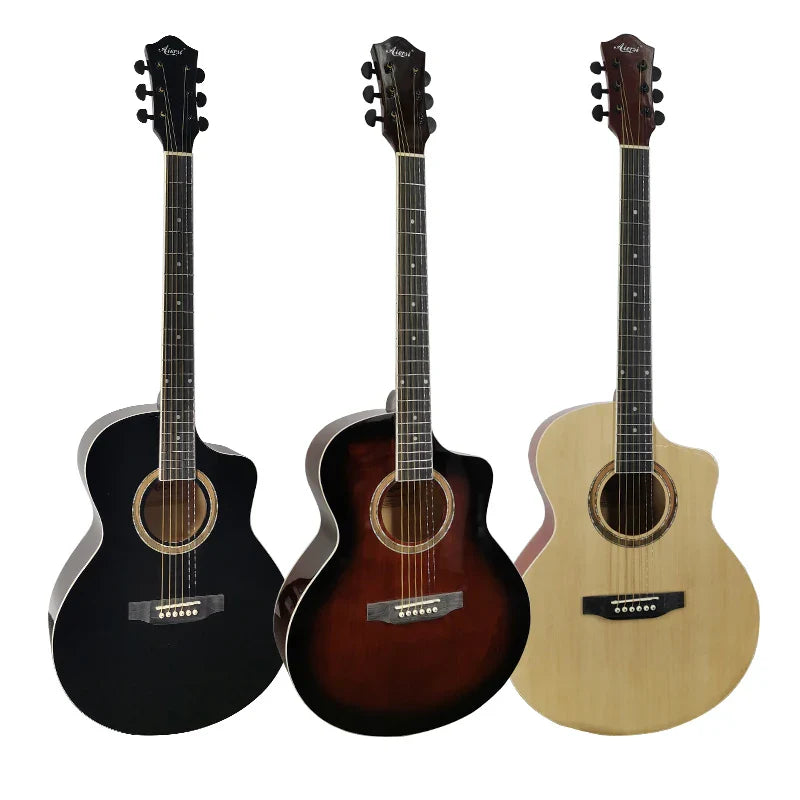 Three custom brand aiersi handmade cutaway acoustic guitars in black sunburst colour lindenwood and natural finishes
