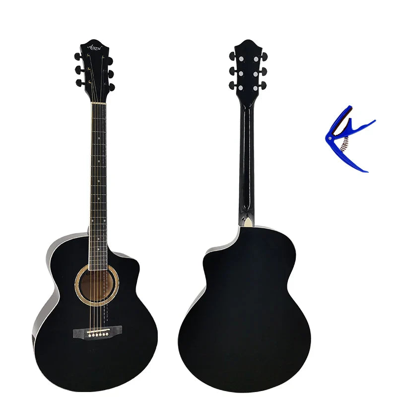 Custom brand aiersi handmade cutaway acoustic guitar in black with glossy finish and gold soundhole ring shown front and back views