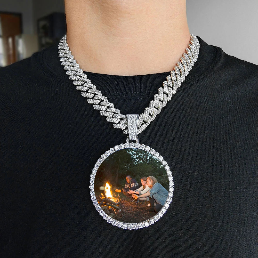 Silver diamond-encrusted custom photo medallions 18k gold necklace pendant iced for cuban men hip hop jewelry gift