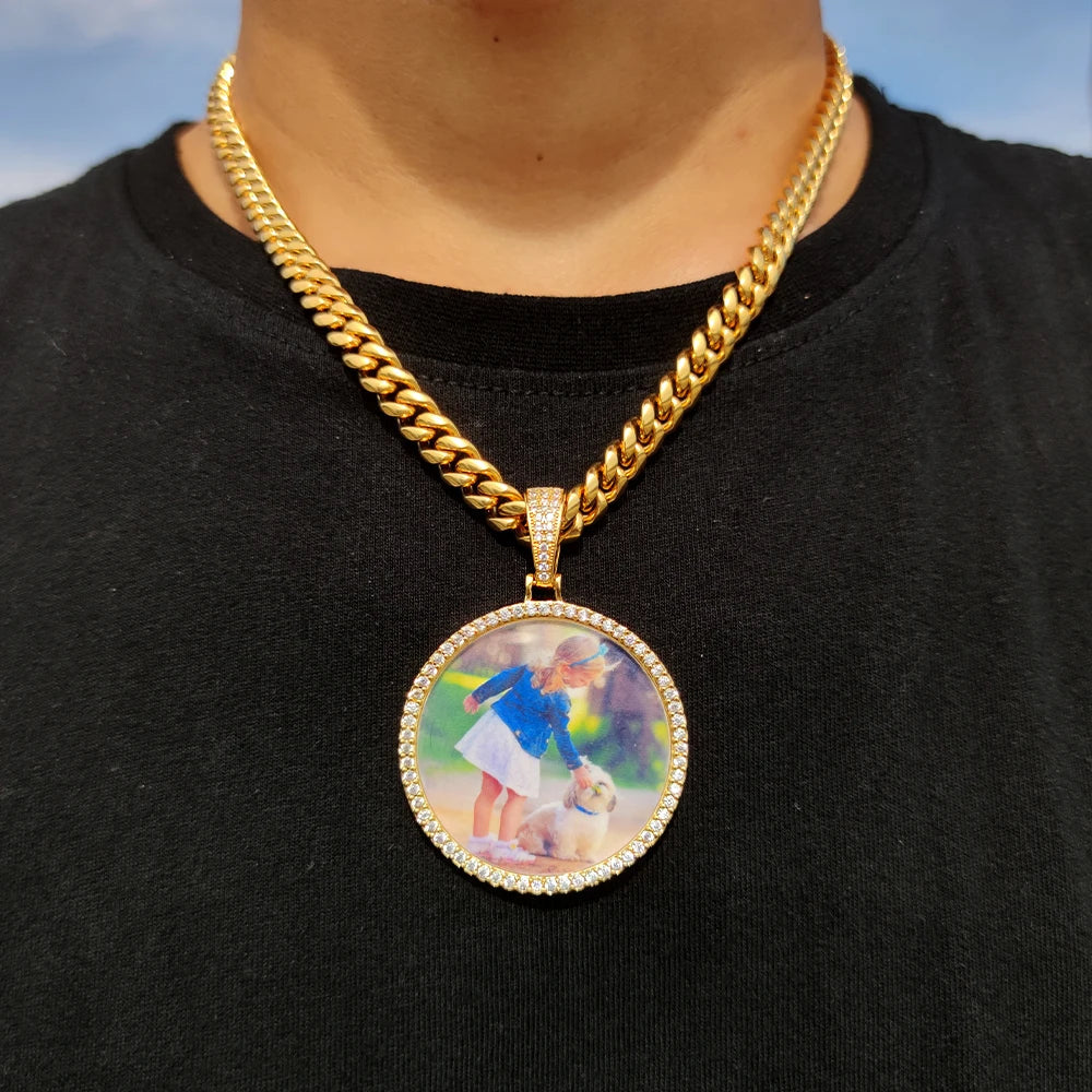 Gold-colored custom made photo medallions 18k necklace pendant iced cuban men hip hop jewelry gift with child dog photo