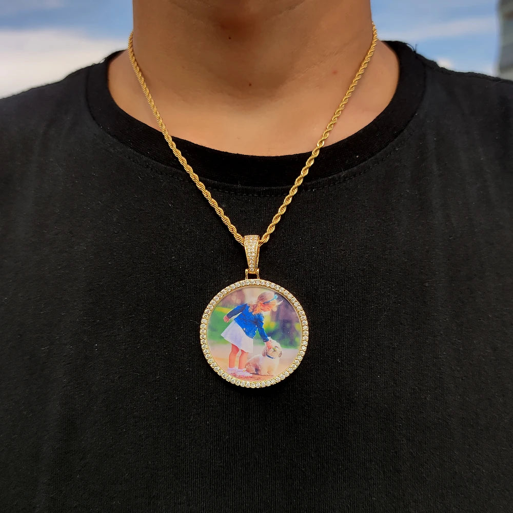Gold rope chain necklace pendant iced with clear stones featuring a custom photo medallions 18k cuban men hip hop style