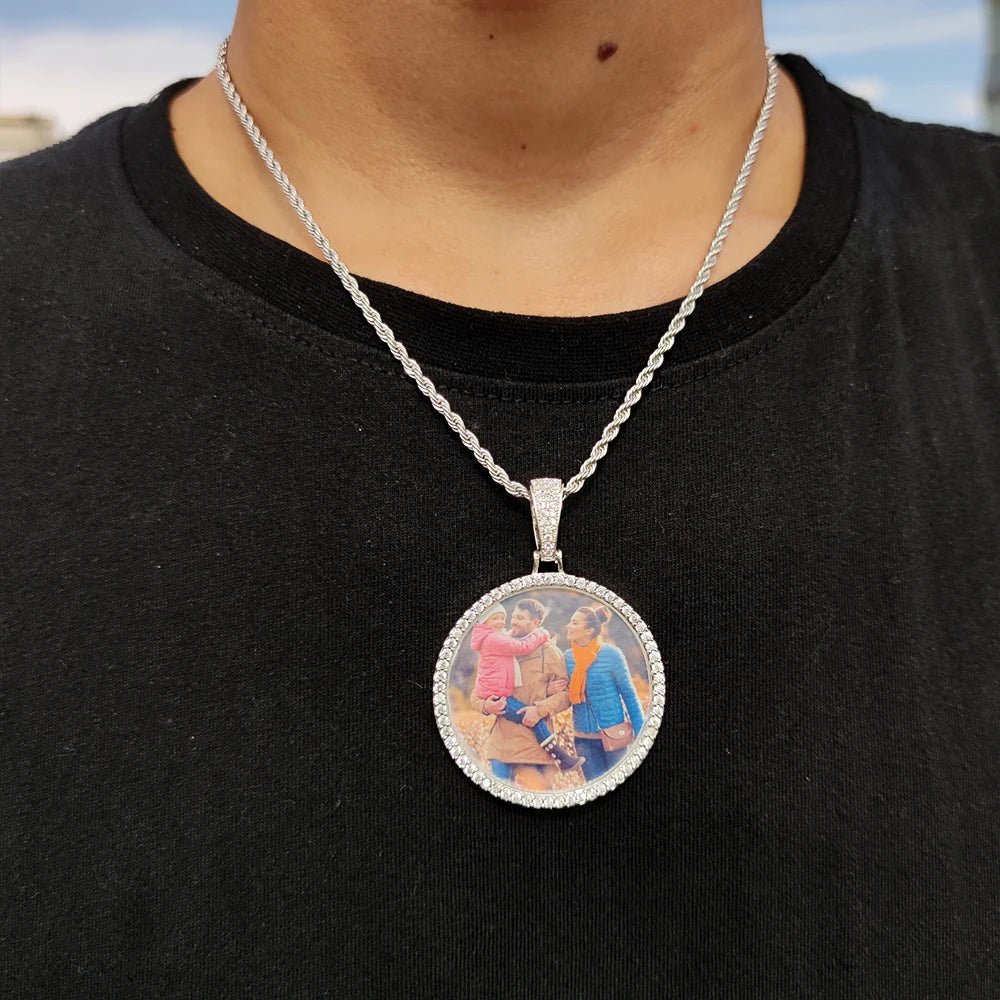 Silver diamond-encrusted photo medallions 18k gold necklace pendant iced for cuban men hip hop jewelry gift