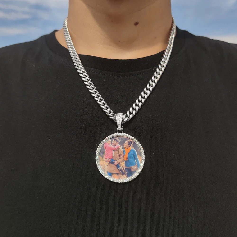 Silver chain necklace pendant iced with round diamond photo medallions 18k gold cuban men hip hop jewelry gift