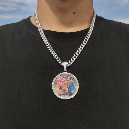 Silver chain necklace pendant iced with round diamond photo medallions 18k gold cuban men hip hop jewelry gift