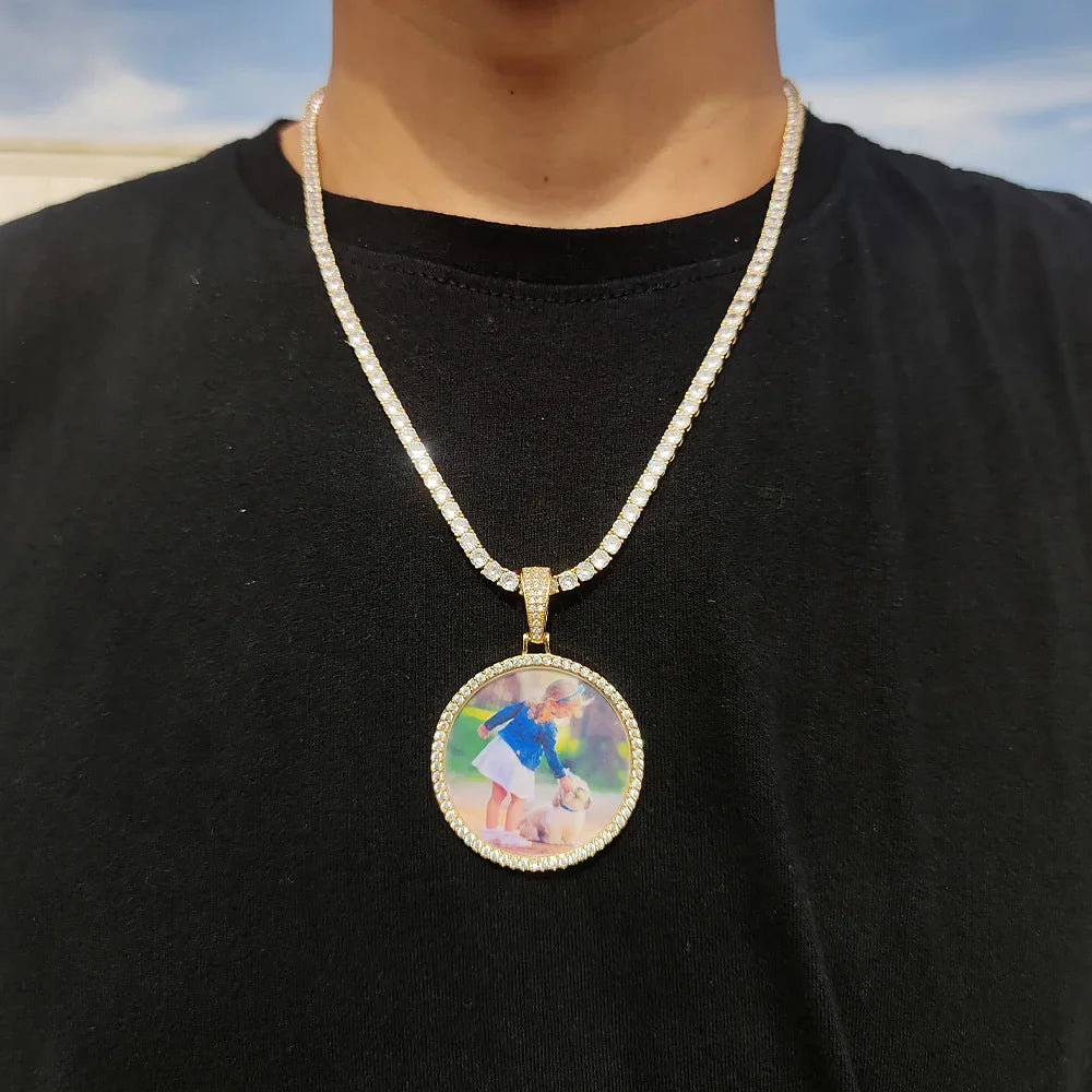 Gold-toned photo medallions 18k necklace pendant iced with custom child photo cuban men hip hop jewelry gift
