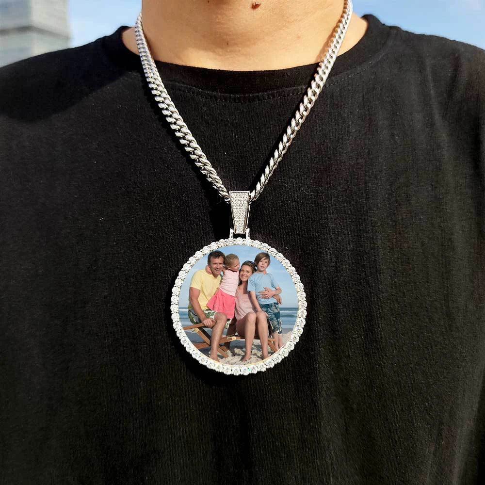 Silver chain necklace with iced out cuban men hip hop pendant featuring custom family photo medallions 18k gold