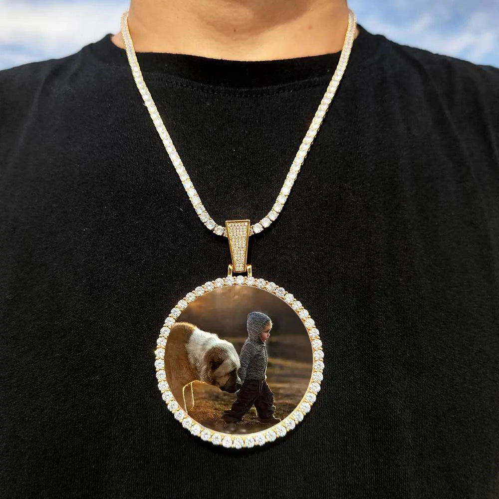 Gold-toned 18k photo medallions necklace pendant iced with diamonds on icy white chain cuban men hip hop jewelry gift