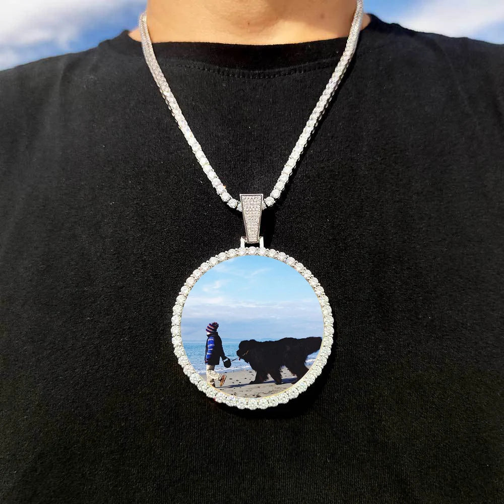 Silver diamond-encrusted circular photo medallions 18k necklace pendant iced out cuban men hip hop jewelry gift