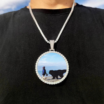 Silver diamond-encrusted circular photo medallions 18k necklace pendant iced out cuban men hip hop jewelry gift