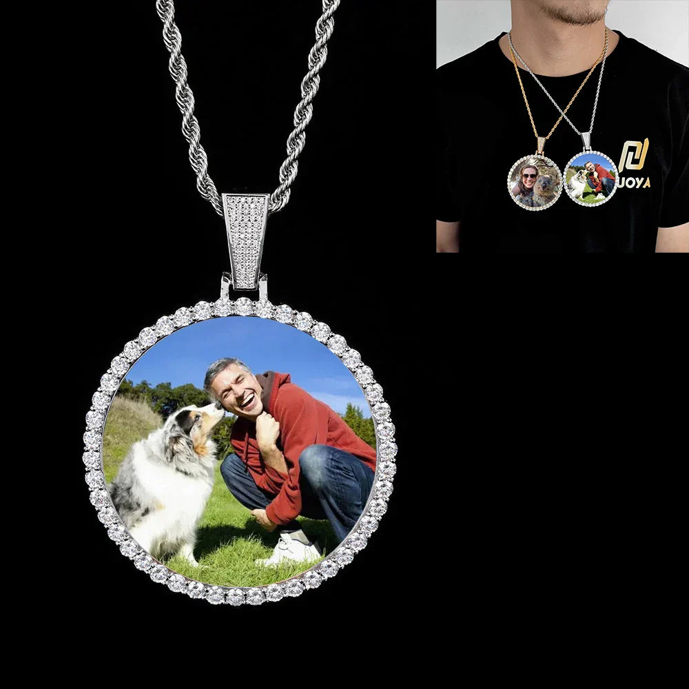 Silver diamond-encrusted circular photo medallions 18k necklace pendant iced on twisted rope cuban men hip chain