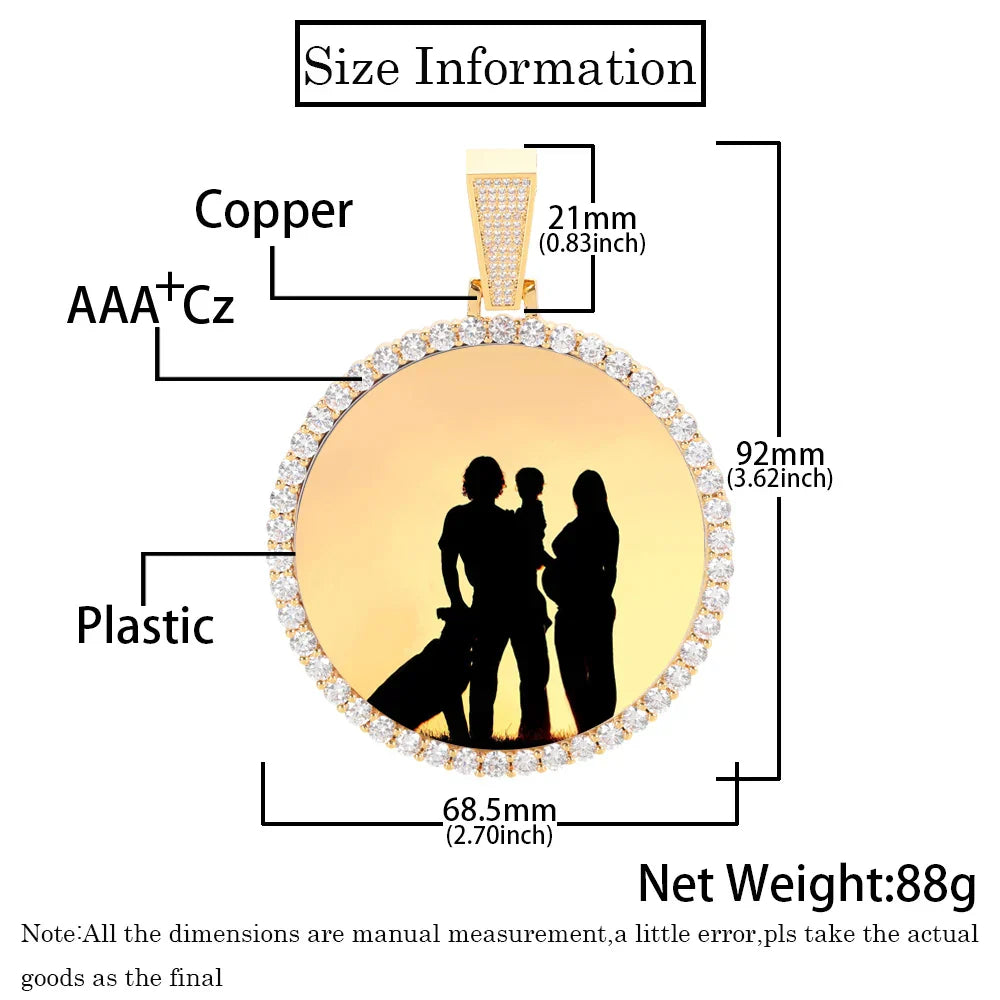 Gold-toned photo medallions 18k necklace pendant iced with diamond border featuring custom family silhouette design