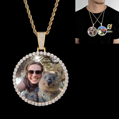 Gold-toned photo medallions 18k necklace pendant iced with diamonds featuring woman and two quokkas cuban men hip hop style
