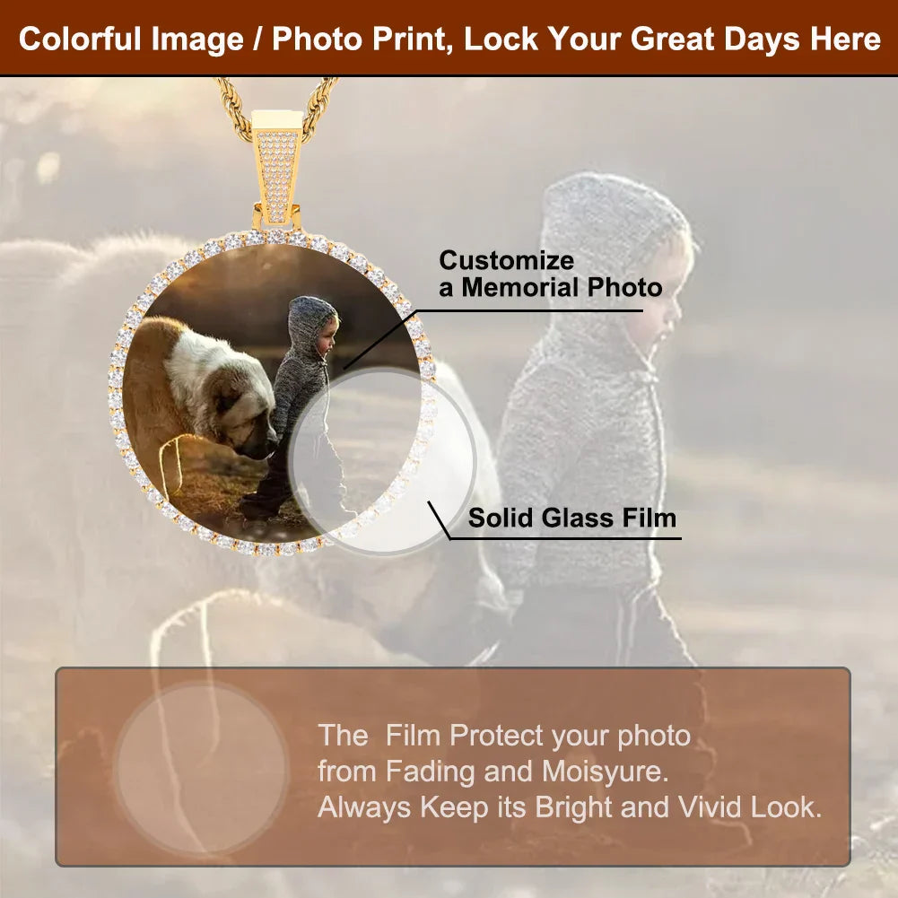 Gold-toned photo medallions 18k necklace pendant iced with diamonds featuring a memorial photo for cuban men hip hop style